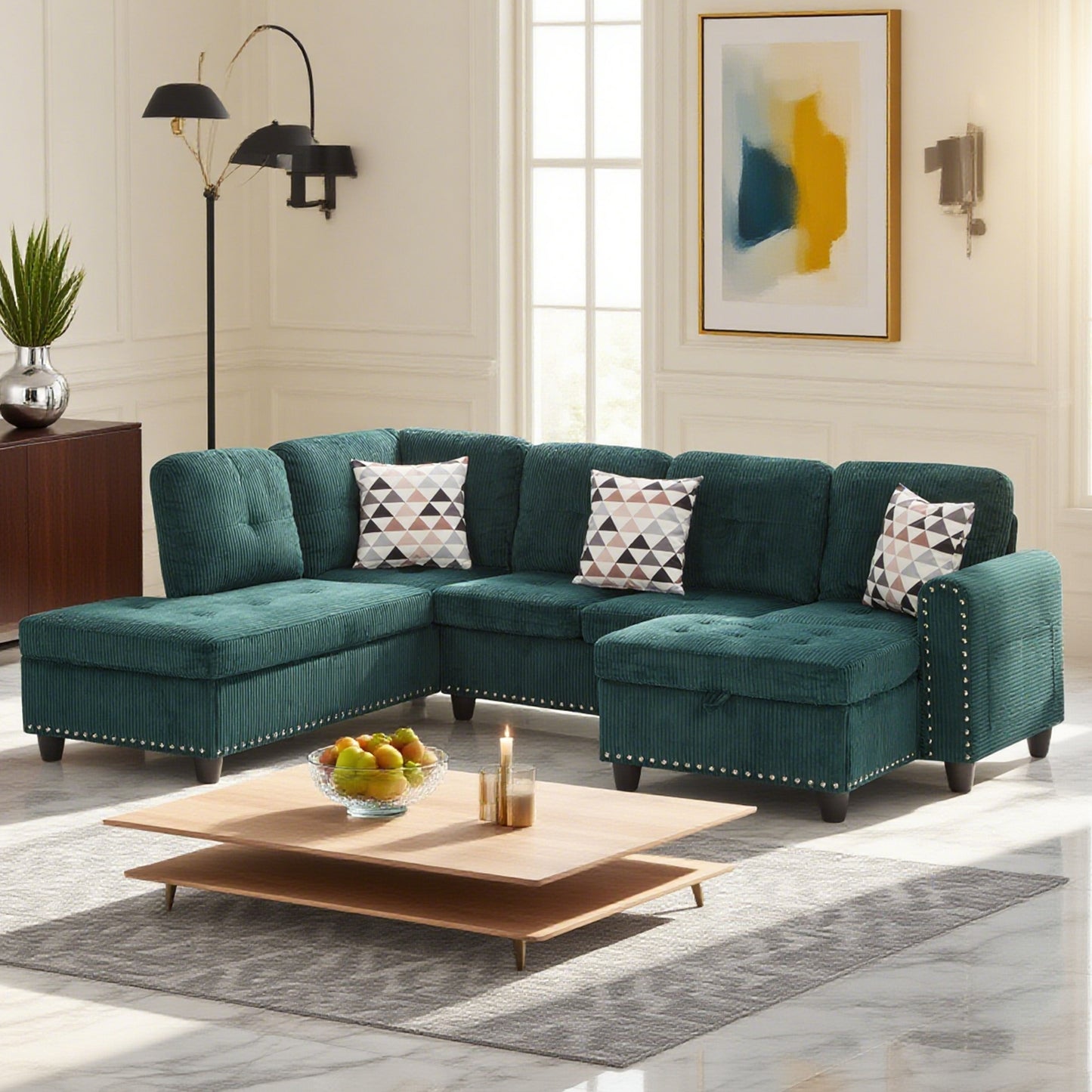 Dranite Oversized Modular Sectional Sofa, 94 inch L-Shaped Corduroy Couch with Movable Ottoman and 6 Seat