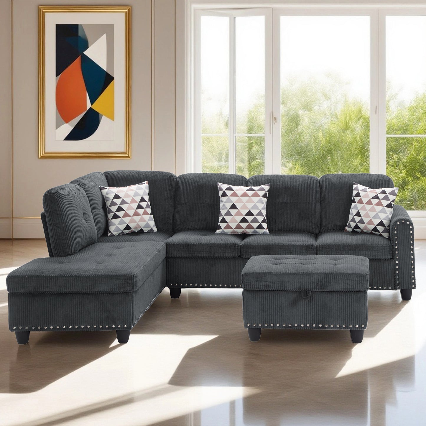 Dranite Oversized Modular Sectional Sofa, 94 inch L-Shaped Corduroy Couch with Movable Ottoman and 6 Seats
