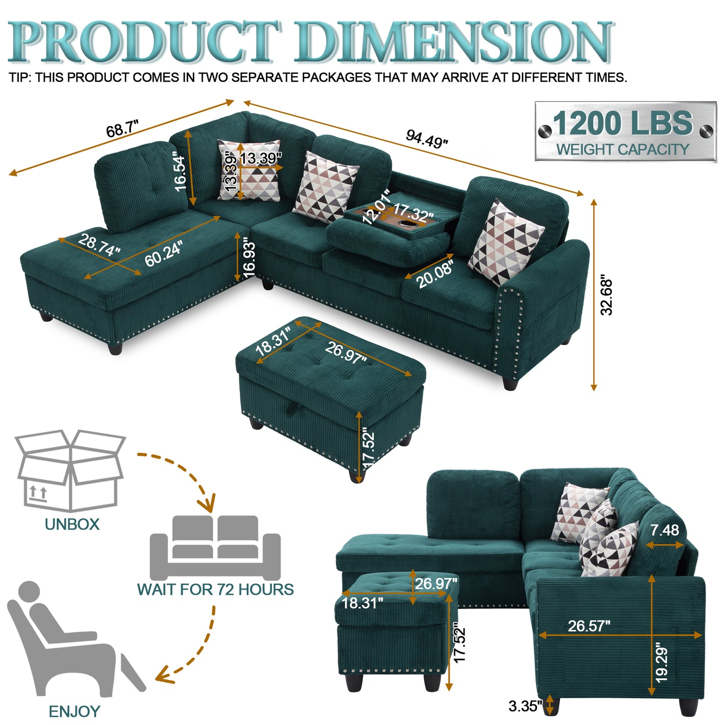 Dranite Oversized Modular Sectional Sofa, 94 inch L-Shaped Corduroy Couch with Movable Ottoman and 6 Seat