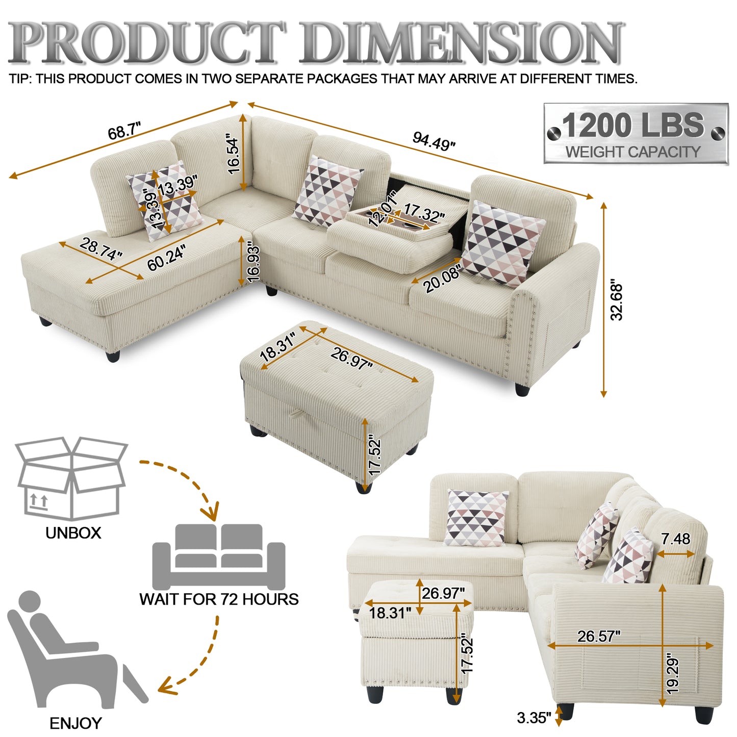 Dranite Oversized Modular Sectional Sofa, 94 inch L-Shaped Corduroy Couch with Movable Ottoman and 6 Seats