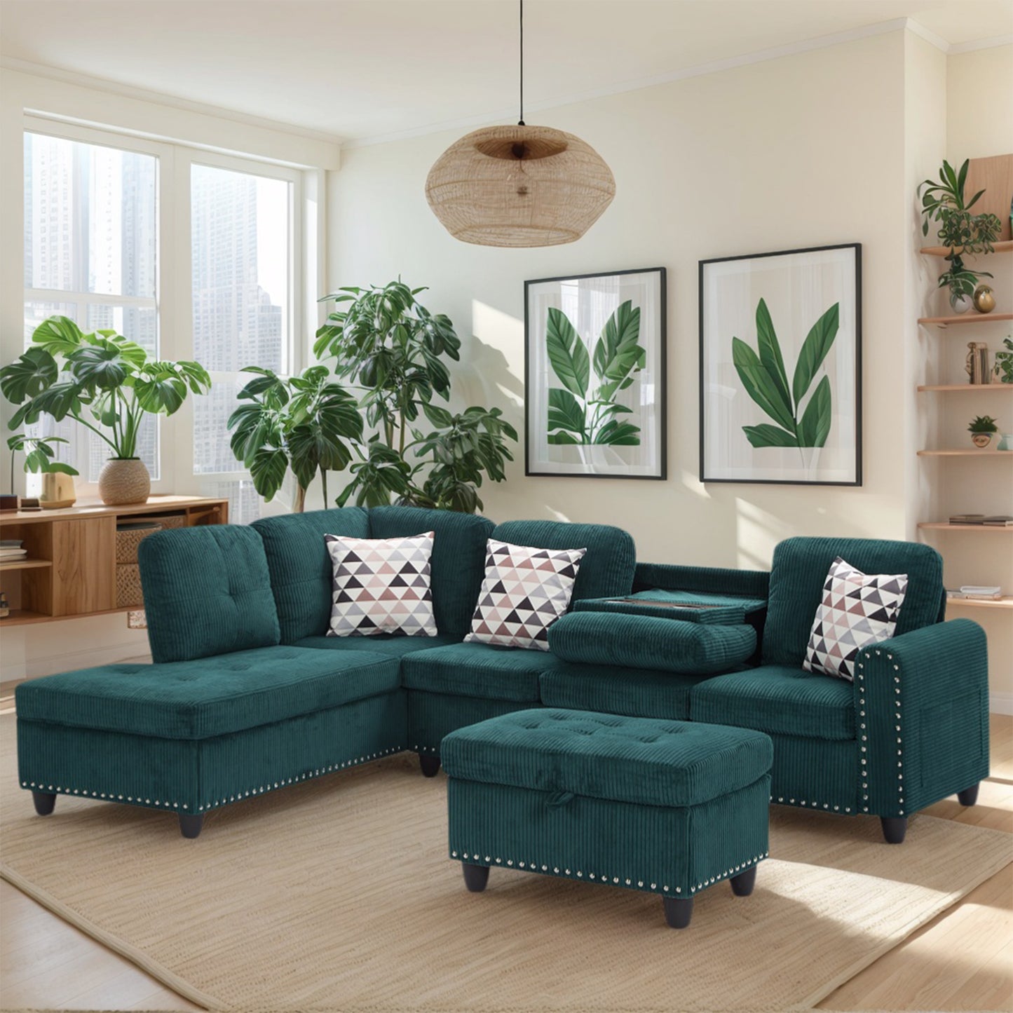 Dranite Oversized Modular Sectional Sofa, 94 inch L-Shaped Corduroy Couch with Movable Ottoman and 6 Seat