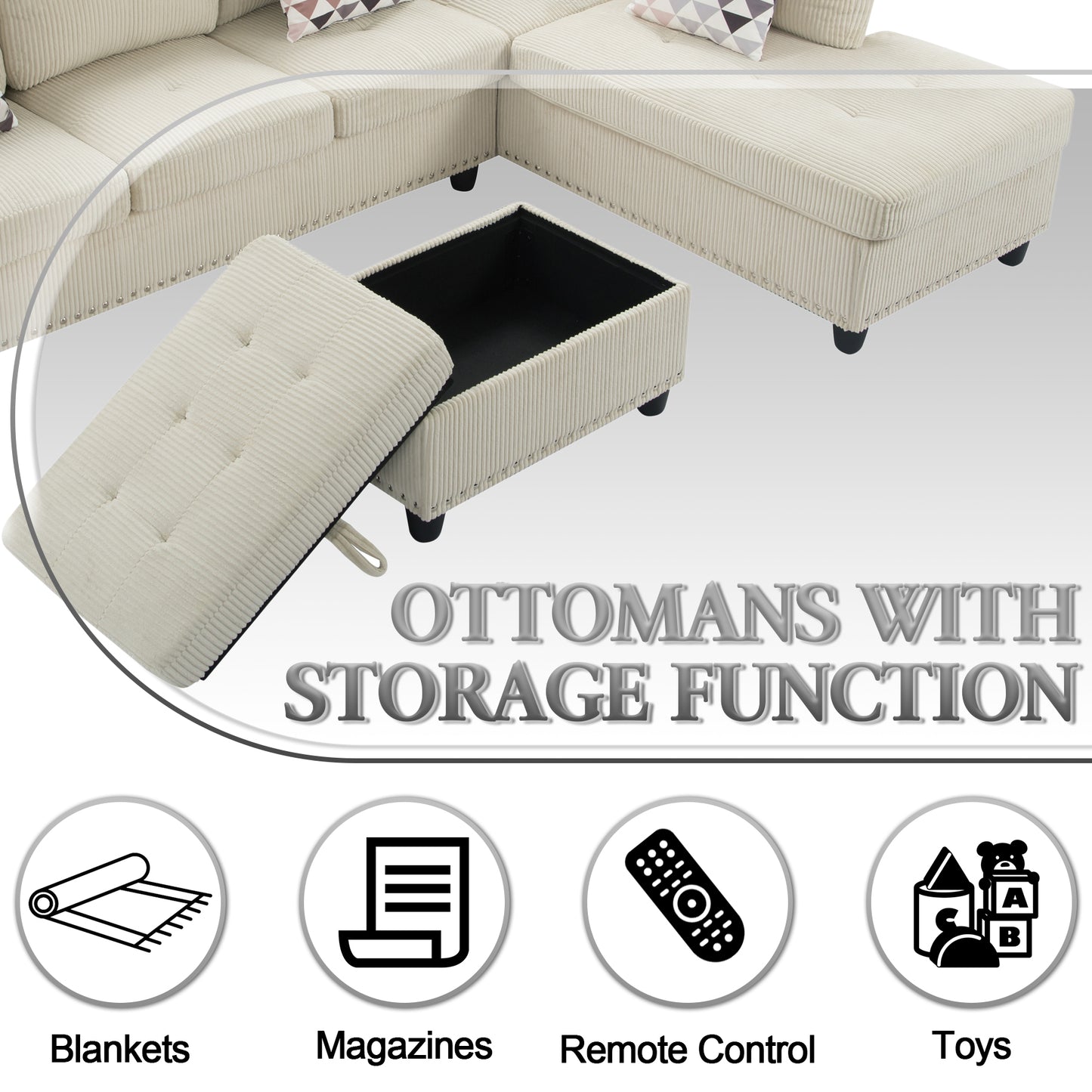Dranite Oversized Modular Sectional Sofa, 94 inch L-Shaped Corduroy Couch with Movable Ottoman and 6 Seats