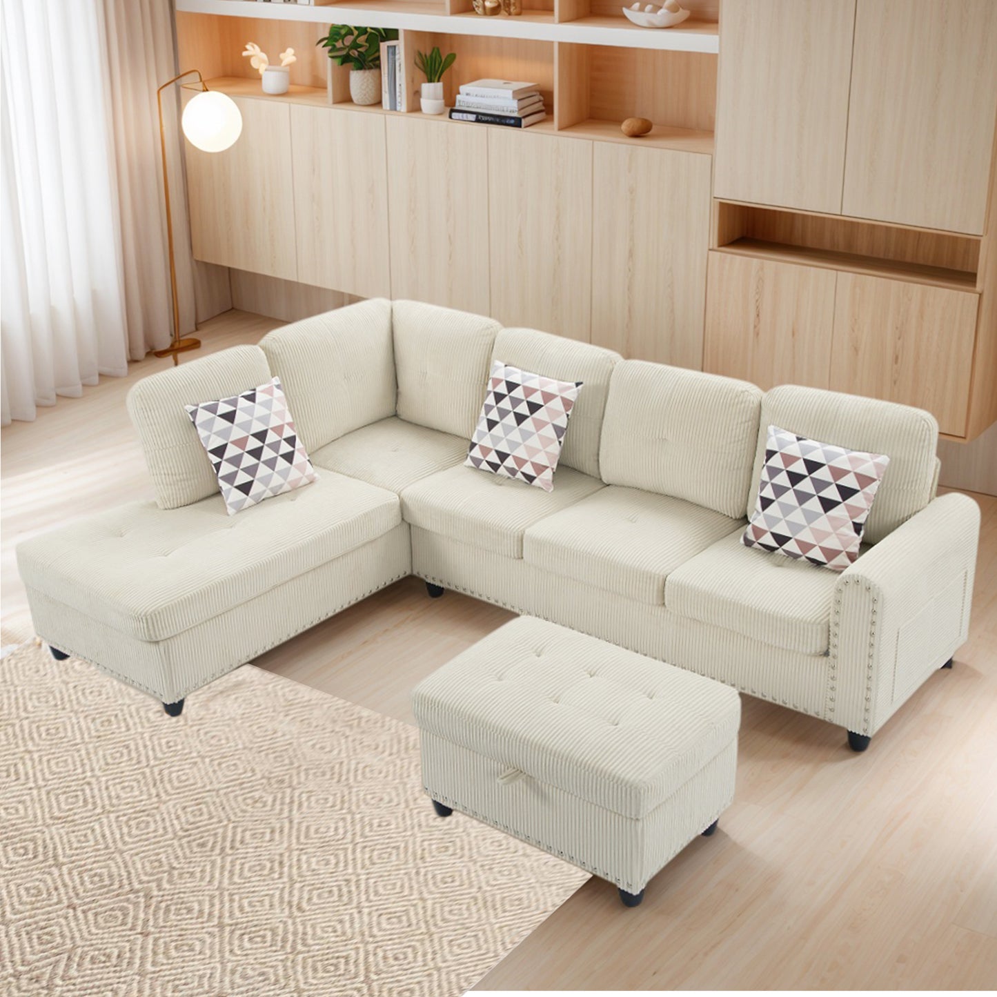 Dranite Oversized Modular Sectional Sofa, 94 inch L-Shaped Corduroy Couch with Movable Ottoman and 6 Seats