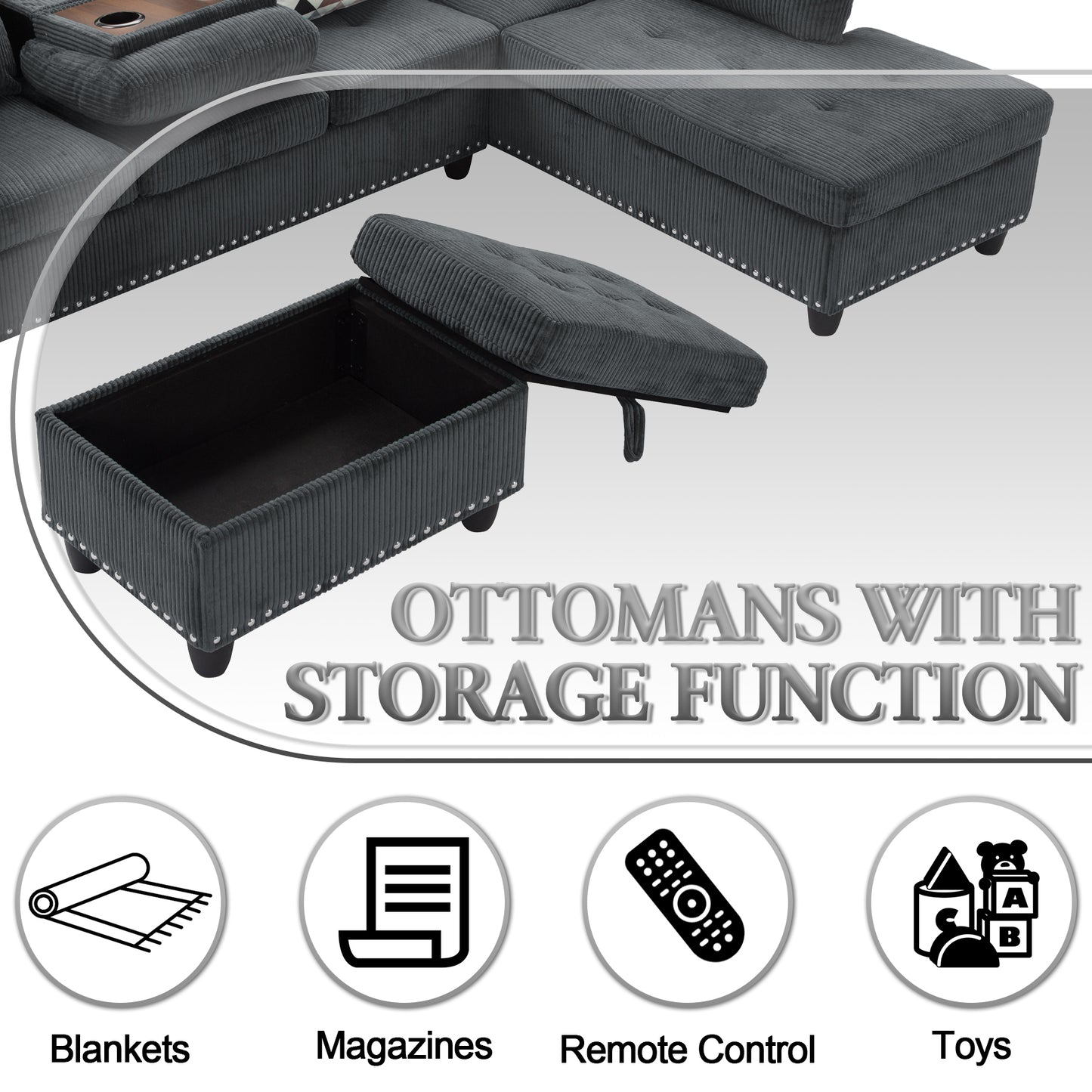 Dranite Oversized Modular Sectional Sofa, 94 inch L-Shaped Corduroy Couch with Movable Ottoman and 6 Seats