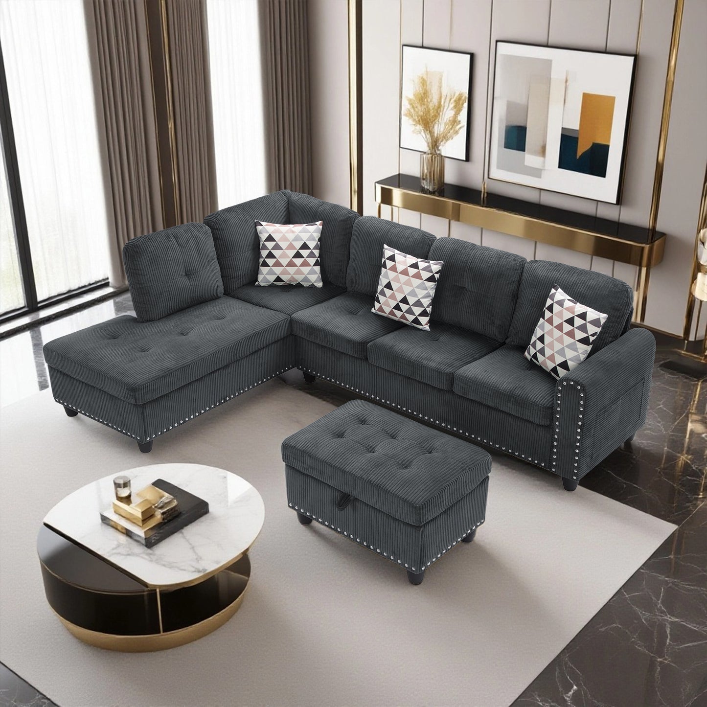 Dranite Oversized Modular Sectional Sofa, 94 inch L-Shaped Corduroy Couch with Movable Ottoman and 6 Seats