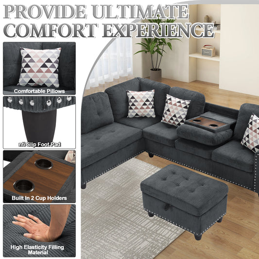 Dranite Oversized Modular Sectional Sofa, 94 inch L-Shaped Corduroy Couch with Movable Ottoman and 6 Seats