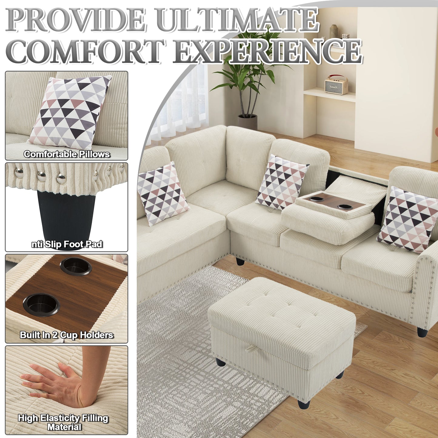 Dranite Oversized Modular Sectional Sofa, 94 inch L-Shaped Corduroy Couch with Movable Ottoman and 6 Seats