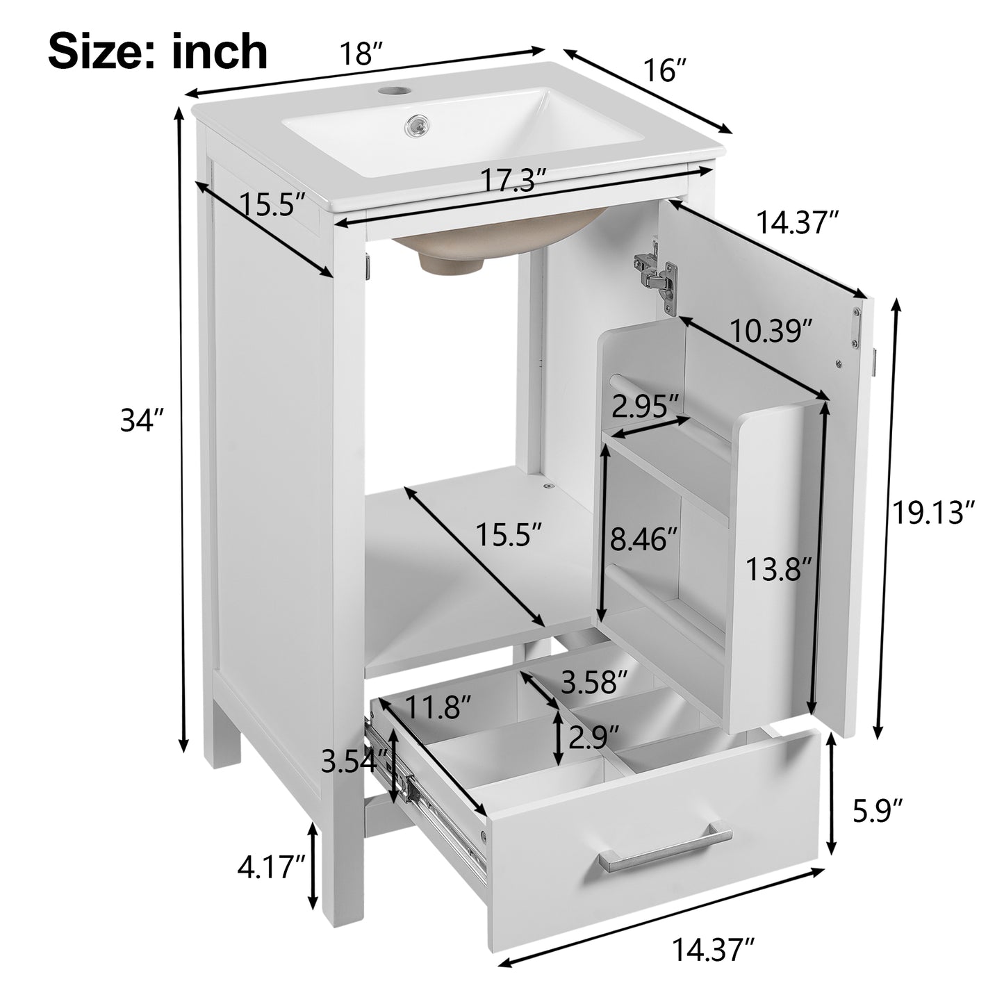 Dranite 18-Inch Solid Wood Bathroom Vanity with Ceramic Sink, Soft-Closing Door, and Storage
