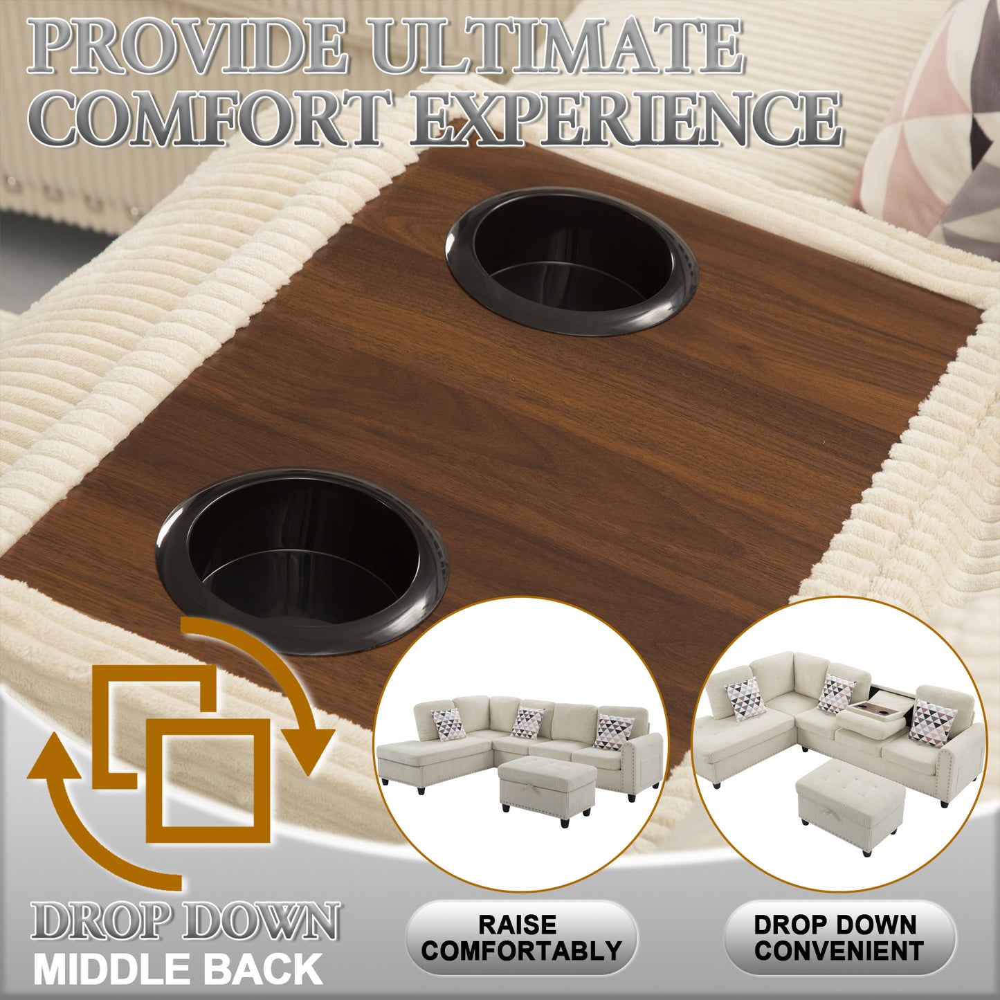 Dranite Oversized Modular Sectional Sofa, 94 inch L-Shaped Corduroy Couch with Movable Ottoman and 6 Seats