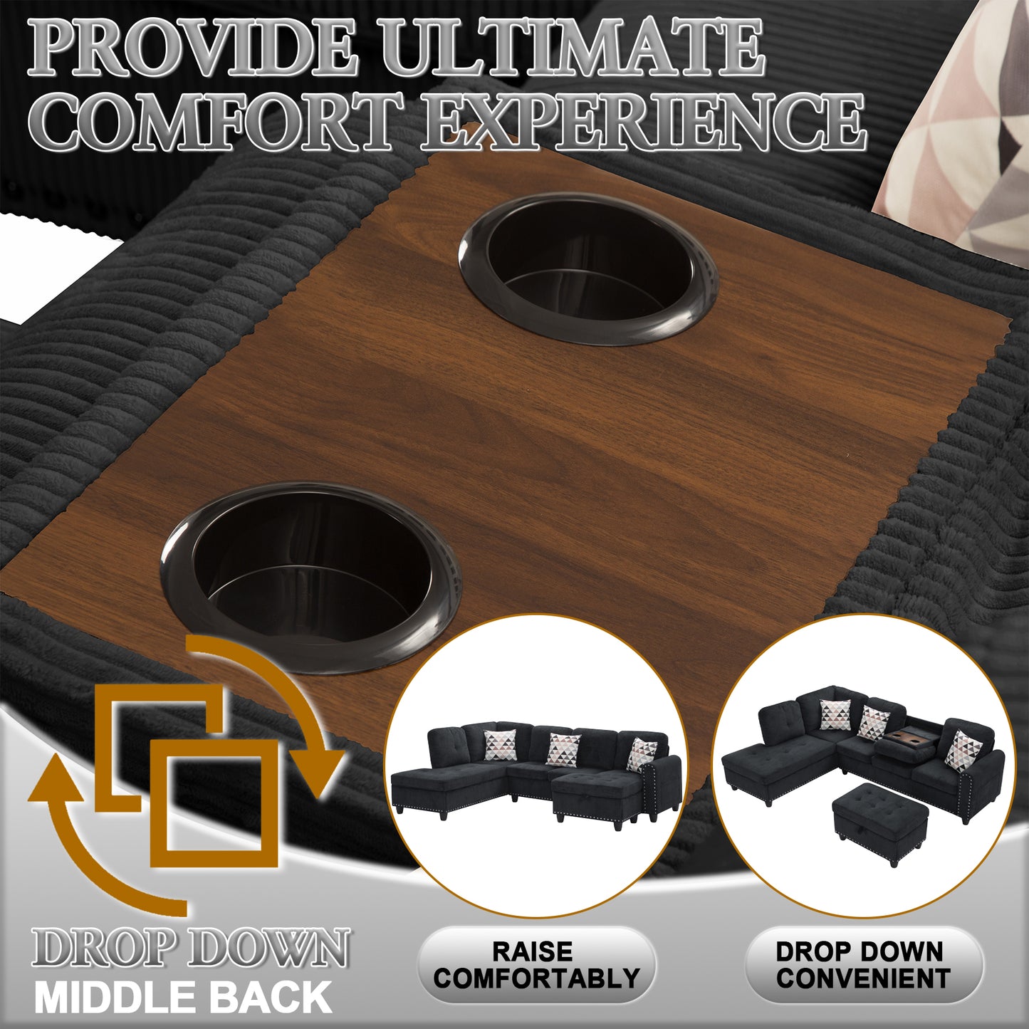 Dranite Oversized Modular Sectional Sofa, 94 inch L-Shaped Corduroy Couch with Movable Ottoman and 6 Seats