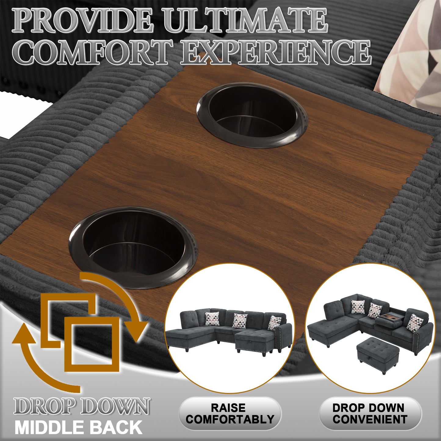 Dranite Oversized Modular Sectional Sofa, 94 inch L-Shaped Corduroy Couch with Movable Ottoman and 6 Seats