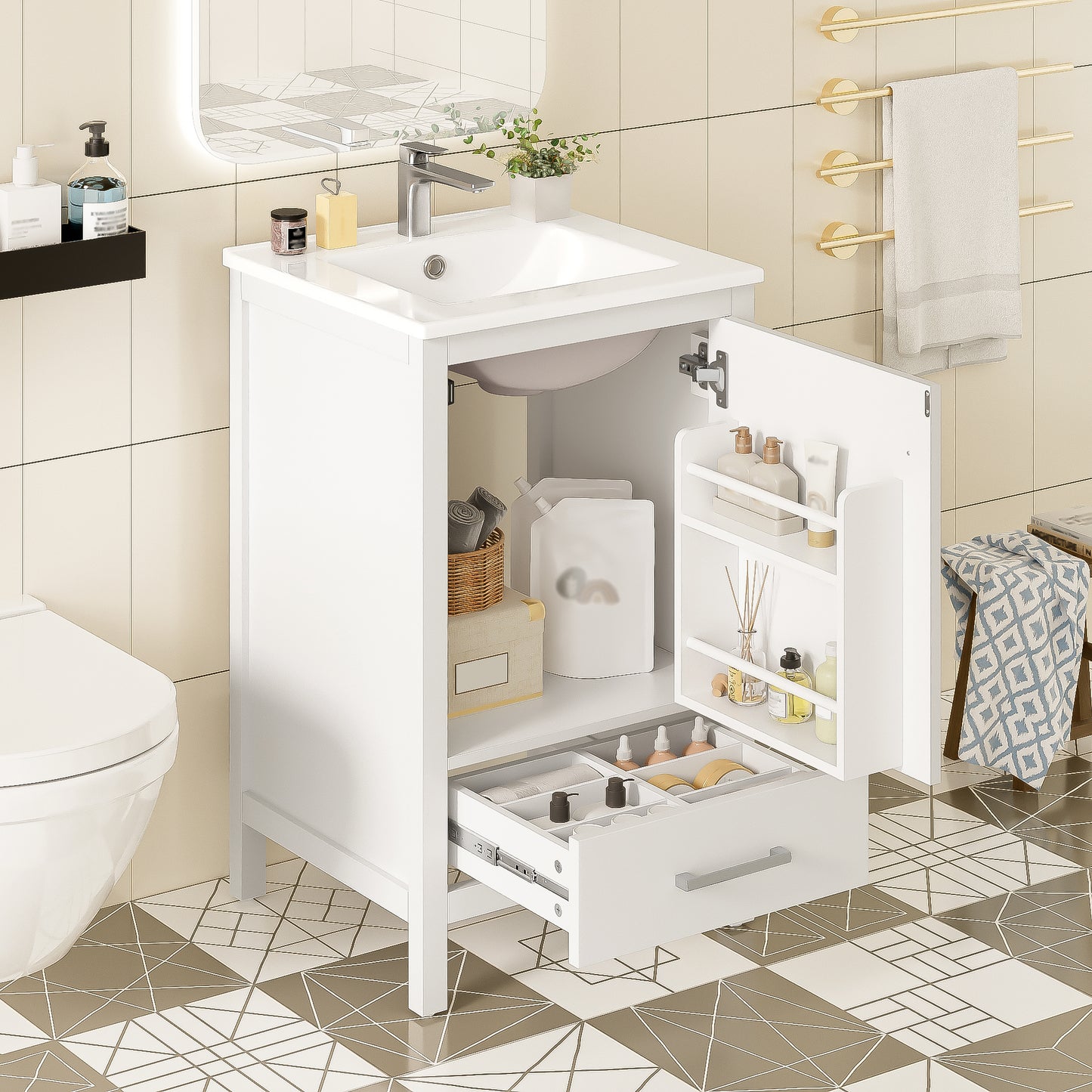 Dranite 20-Inch Solid Wood Bathroom Vanity with Ceramic Sink, Soft-Closing Door, and Storage