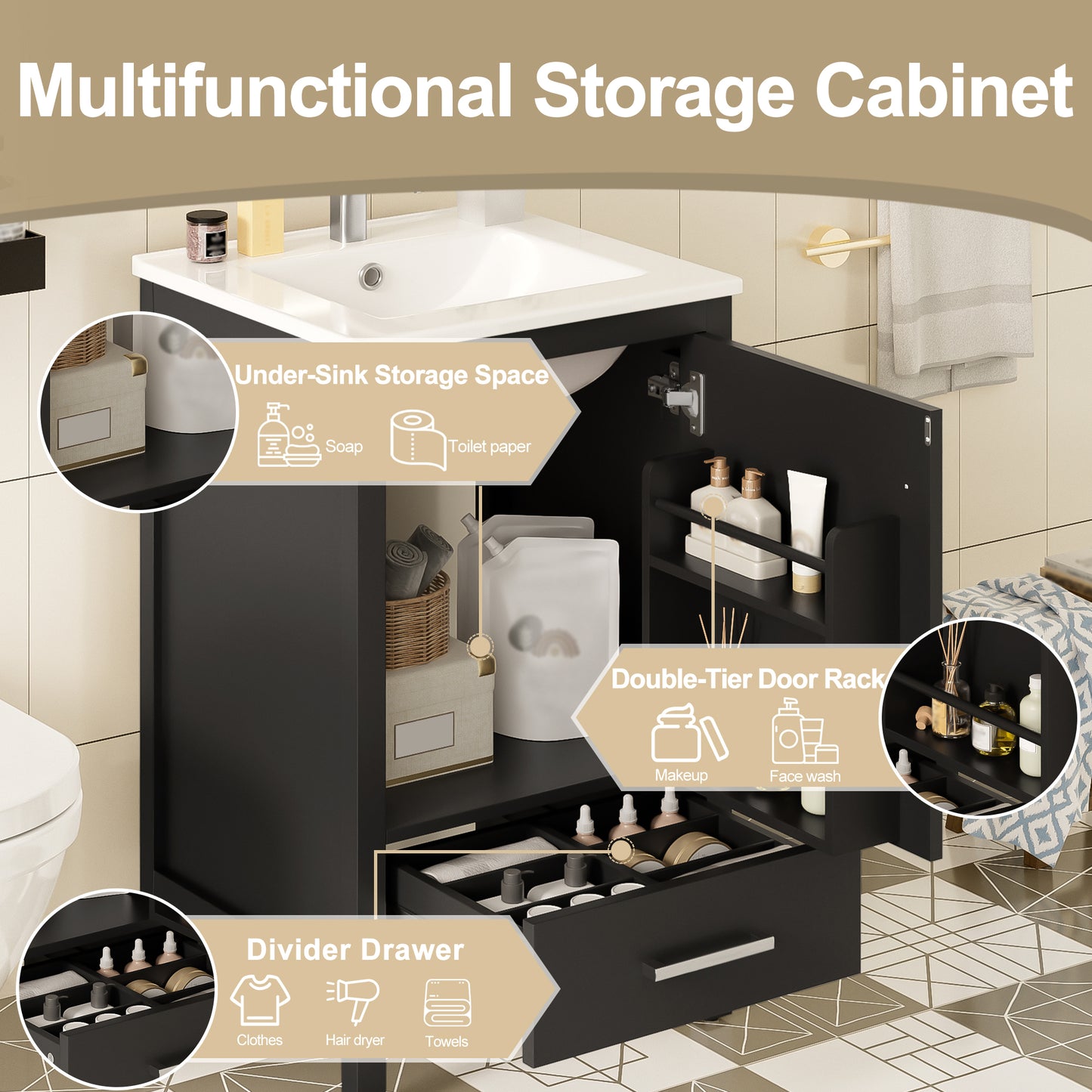 Dranite 20-Inch Solid Wood Bathroom Vanity with Ceramic Sink, Soft-Closing Door, and Storage