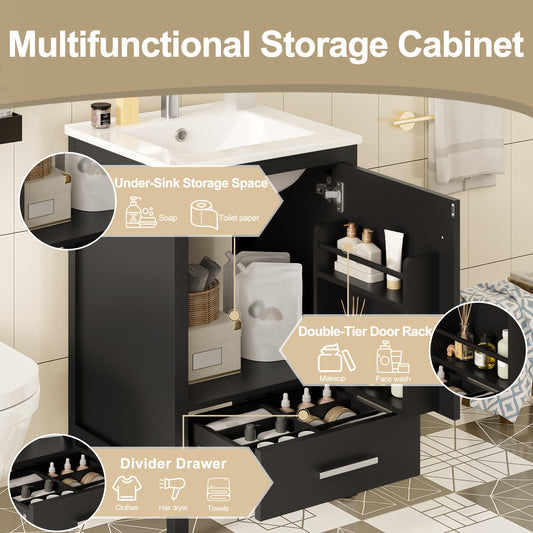 Dranite 20-Inch Solid Wood Bathroom Vanity with Ceramic Sink, Soft-Closing Door, and Storage