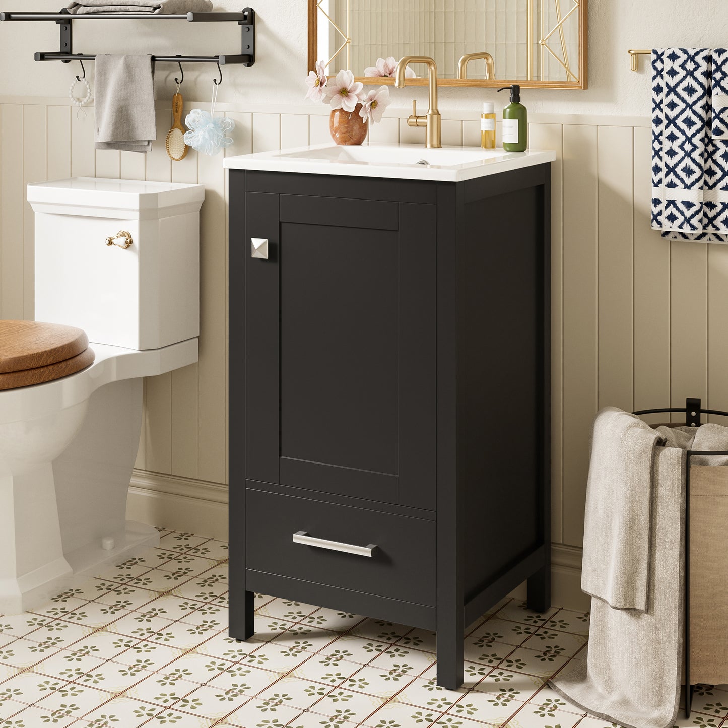 Dranite Solid Wood Bathroom Vanity with Ceramic Sink, Soft-Closing Door, and Storage, 18-Inch