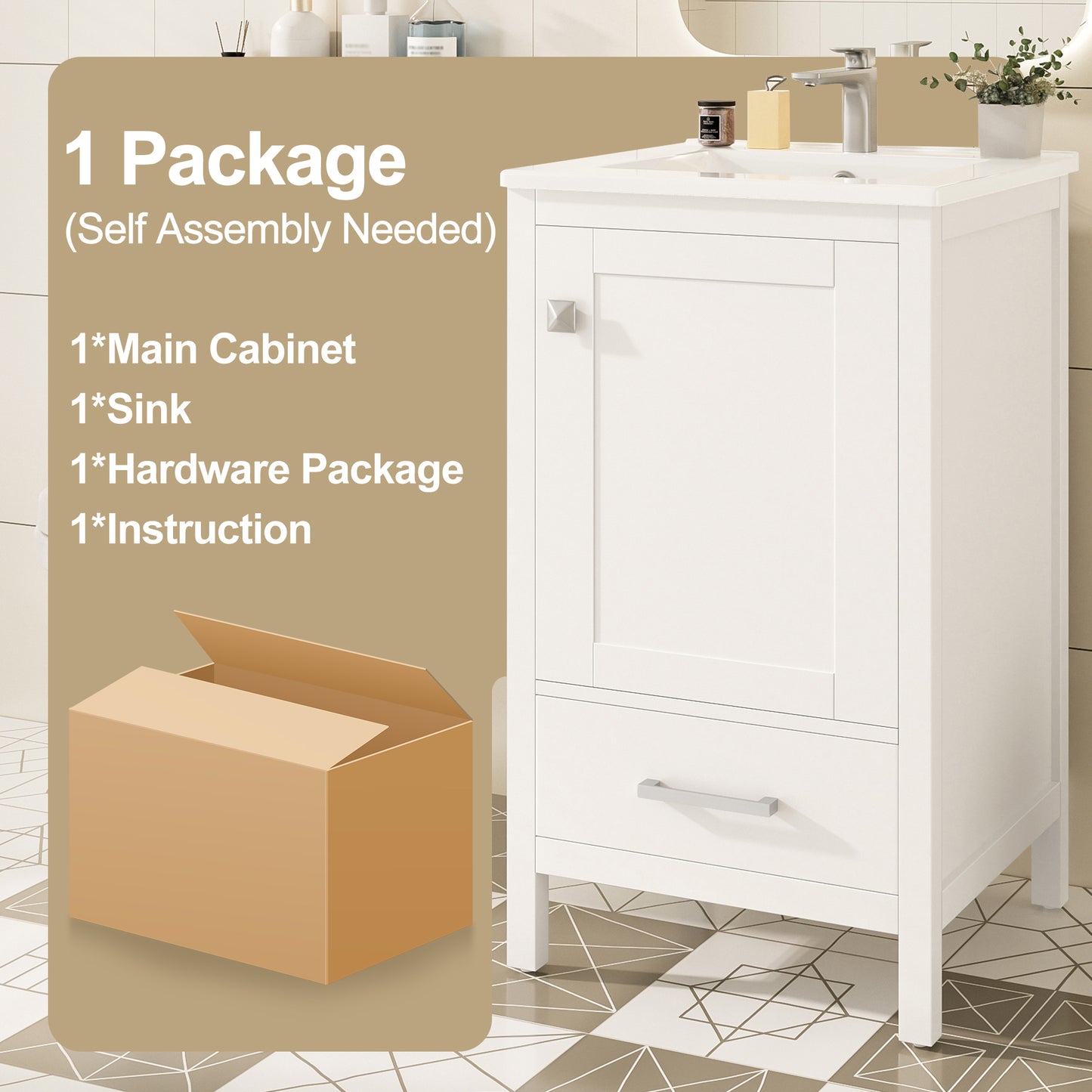 Dranite 20-Inch Solid Wood Bathroom Vanity with Ceramic Sink, Soft-Closing Door, and Storage