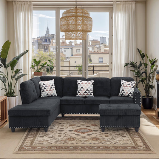 Dranite Oversized Modular Sectional Sofa, 94 inch L-Shaped Corduroy Couch with Movable Ottoman and 6 Seats