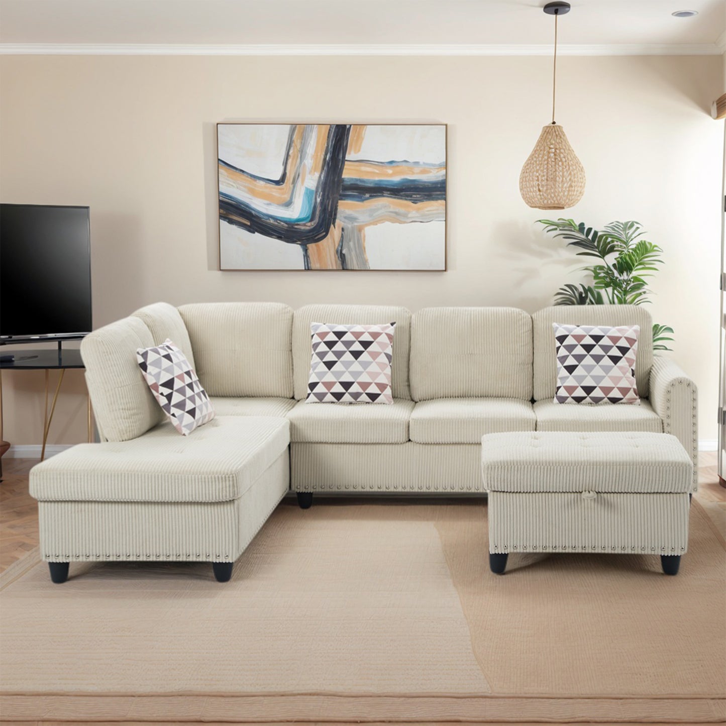 Dranite Oversized Modular Sectional Sofa, 94 inch L-Shaped Corduroy Couch with Movable Ottoman and 6 Seats