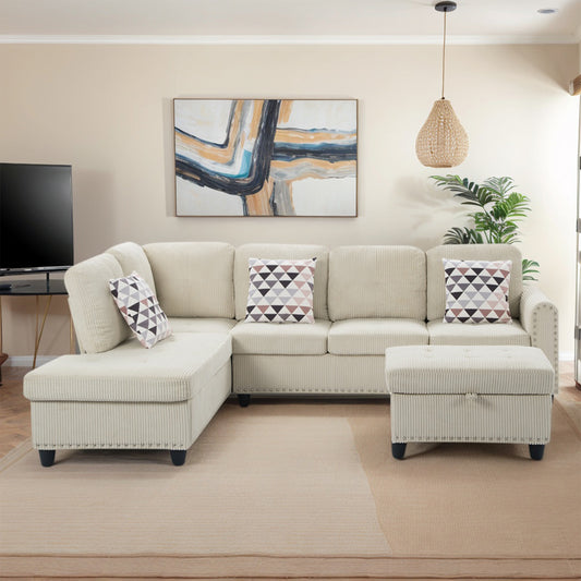 Dranite Oversized Modular Sectional Sofa, 94 inch L-Shaped Corduroy Couch with Movable Ottoman and 6 Seats