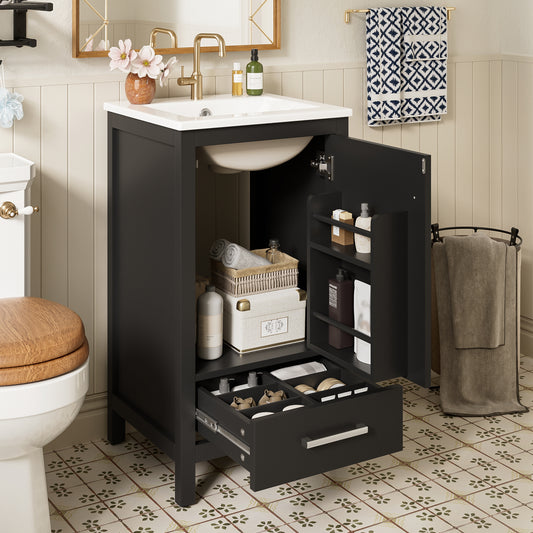 Dranite Solid Wood Bathroom Vanity with Ceramic Sink, Soft-Closing Door, and Storage, 18-Inch