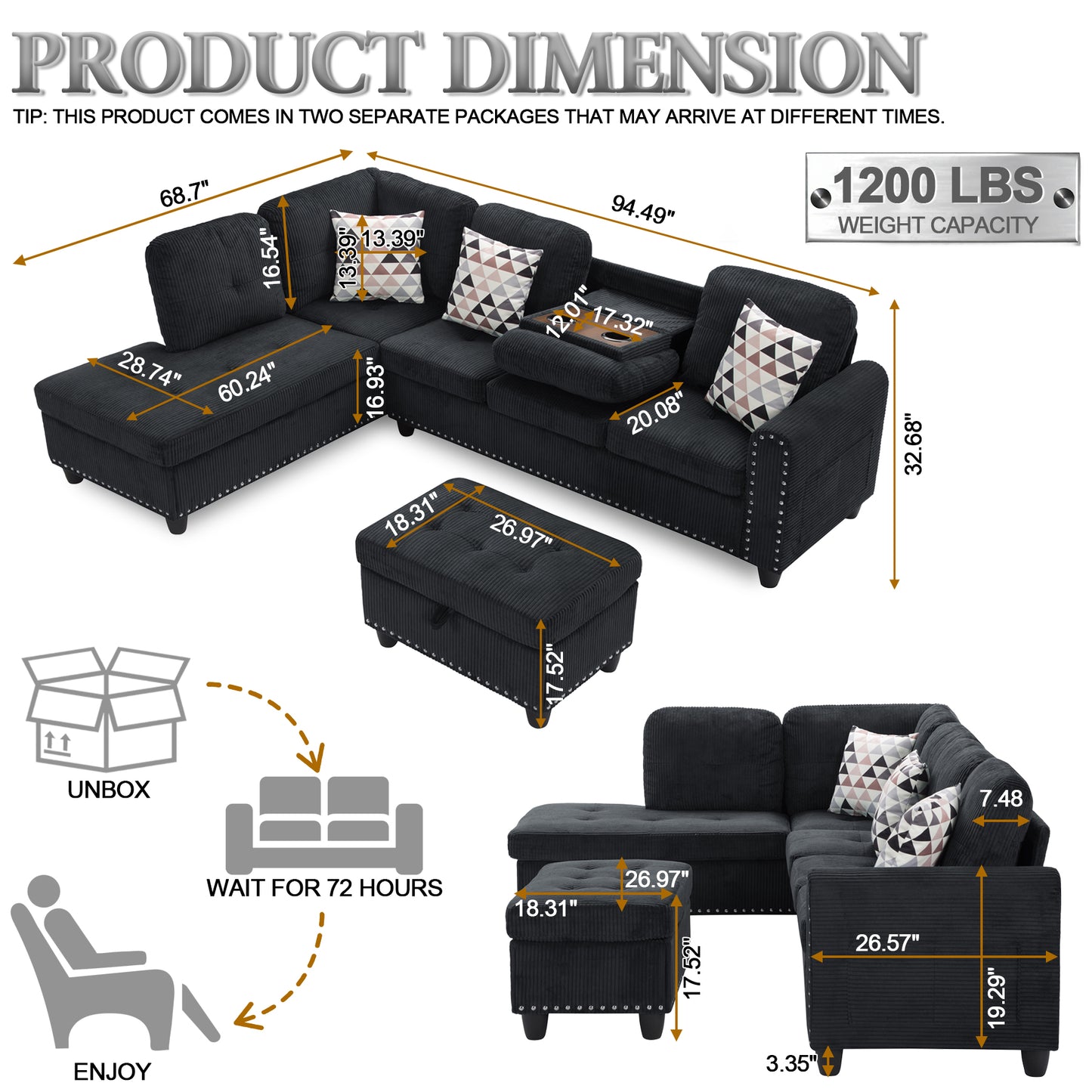 Dranite Oversized Modular Sectional Sofa, 94 inch L-Shaped Corduroy Couch with Movable Ottoman and 6 Seats