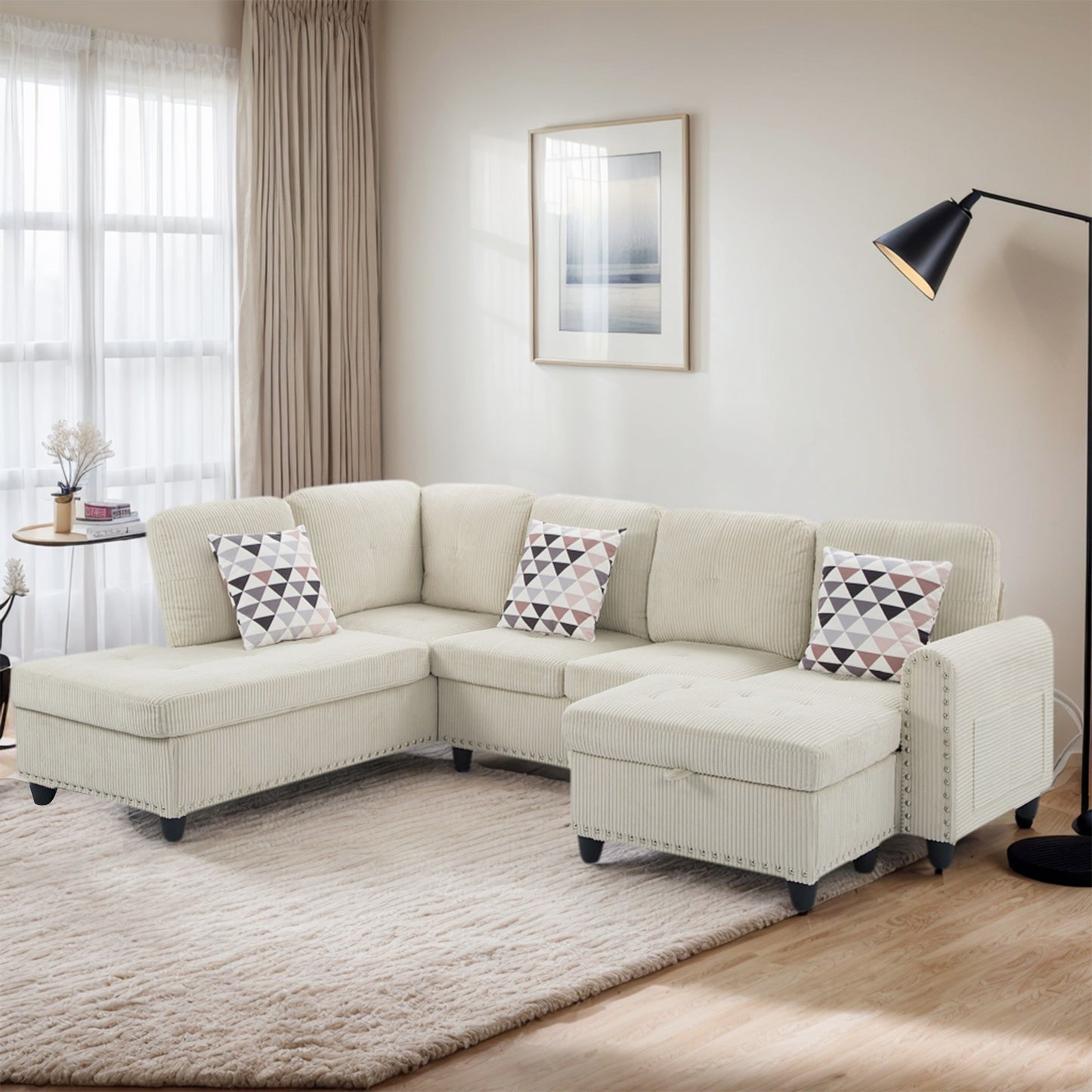 Dranite Oversized Modular Sectional Sofa, 94 inch L-Shaped Corduroy Couch with Movable Ottoman and 6 Seats