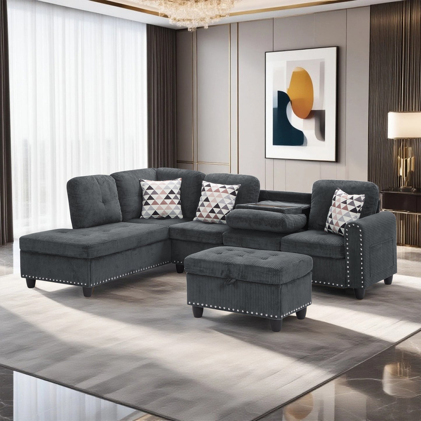 Dranite Oversized Modular Sectional Sofa, 94 inch L-Shaped Corduroy Couch with Movable Ottoman and 6 Seats