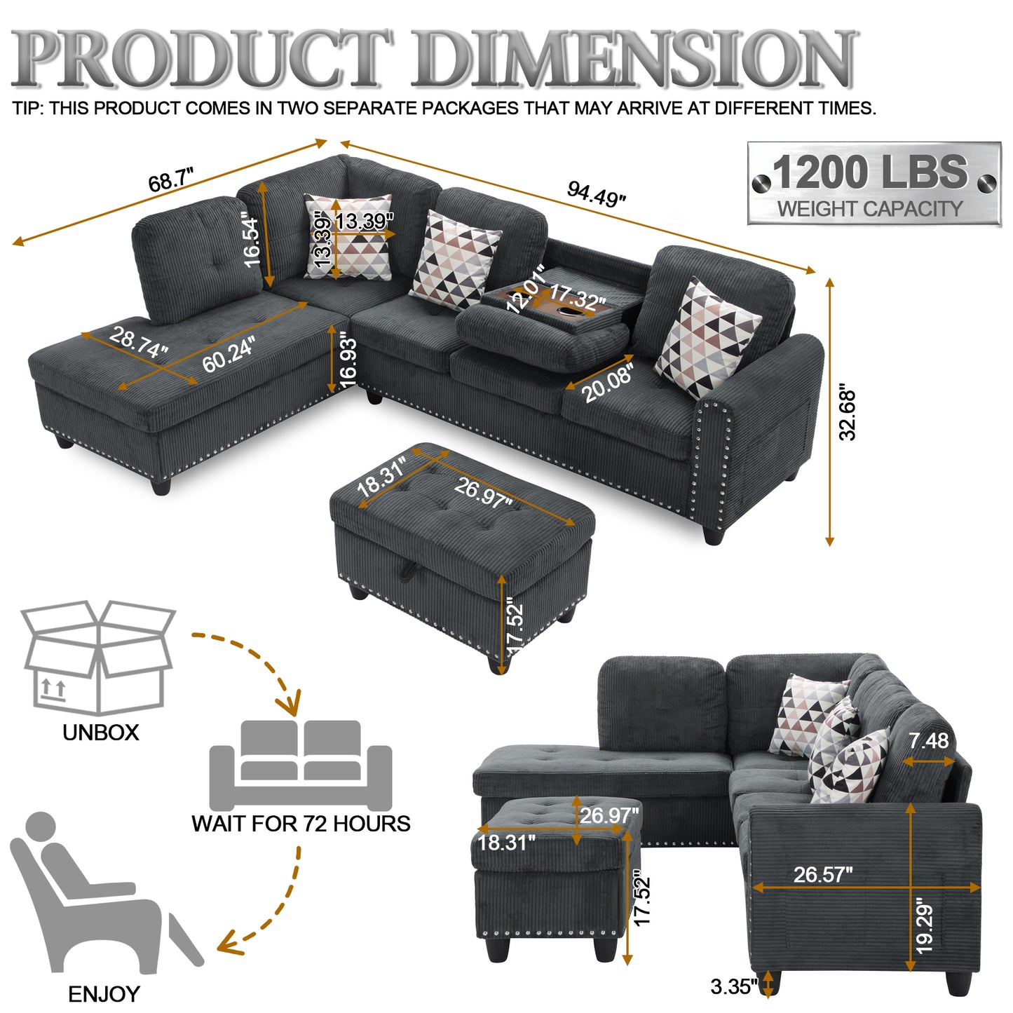Dranite Oversized Modular Sectional Sofa, 94 inch L-Shaped Corduroy Couch with Movable Ottoman and 6 Seats