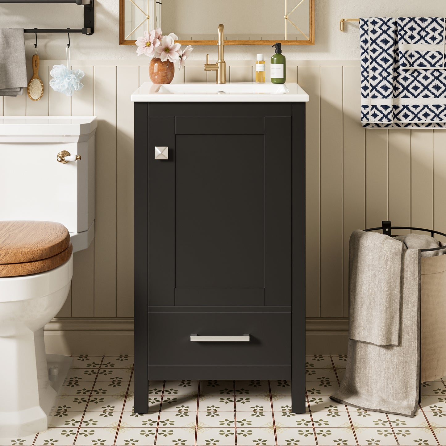 Dranite Solid Wood Bathroom Vanity with Ceramic Sink, Soft-Closing Door, and Storage, 18-Inch