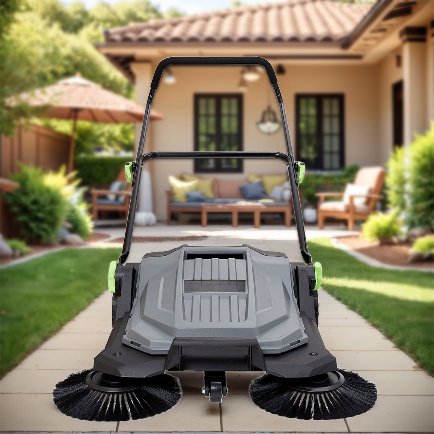 Dranite Walk Behind Outdoor Push Sweeper S 4 Twin for Workshops, Warehouses or Garages - 5X Faster Than a Push Broom, 5.25 Gallon Capacity, 26.8 Sweeping Width