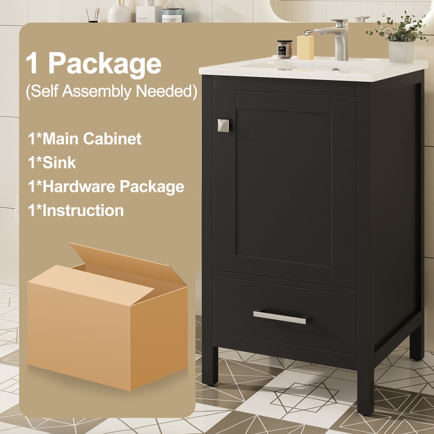 Dranite 20-Inch Solid Wood Bathroom Vanity with Ceramic Sink, Soft-Closing Door, and Storage