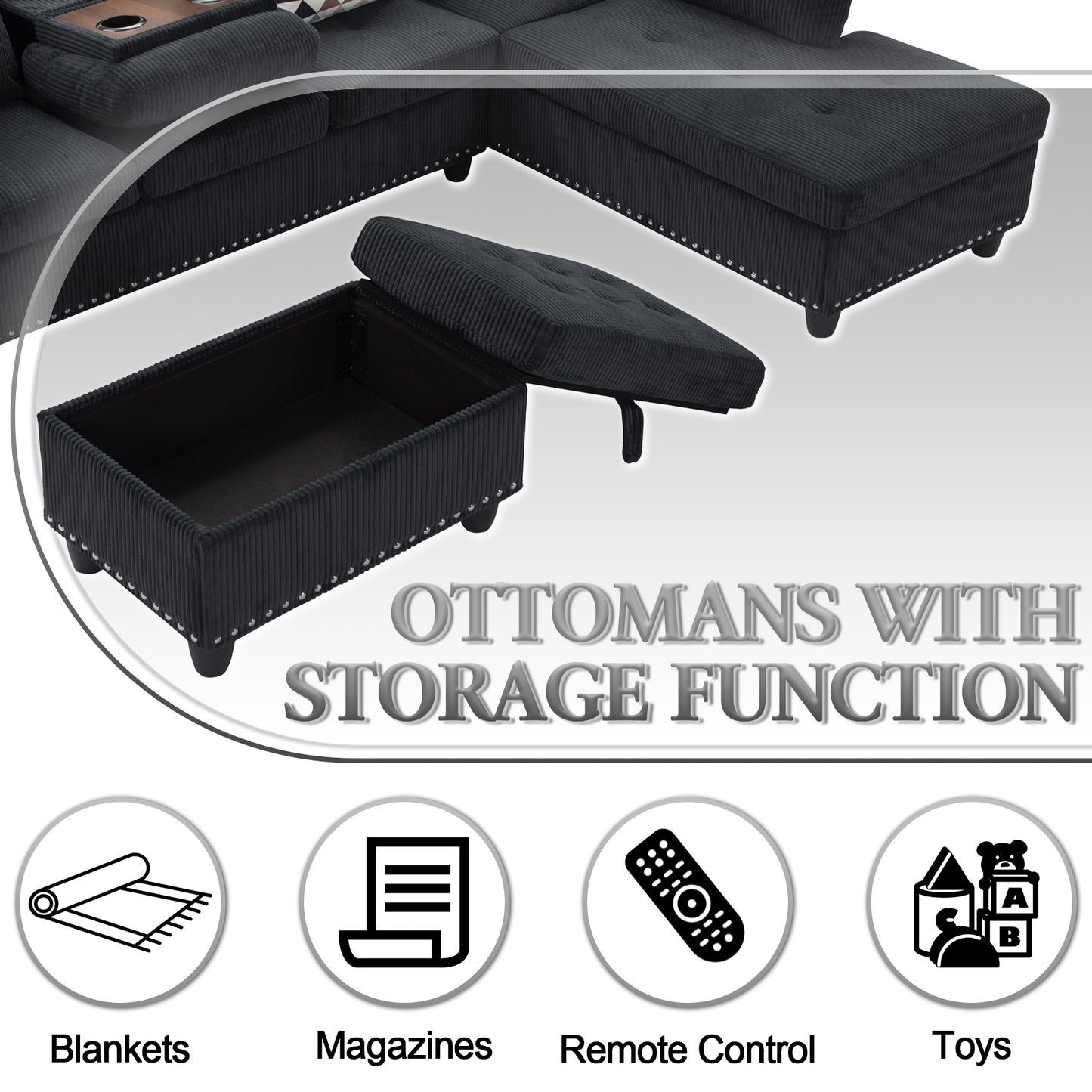 Dranite Oversized Modular Sectional Sofa, 94 inch L-Shaped Corduroy Couch with Movable Ottoman and 6 Seats