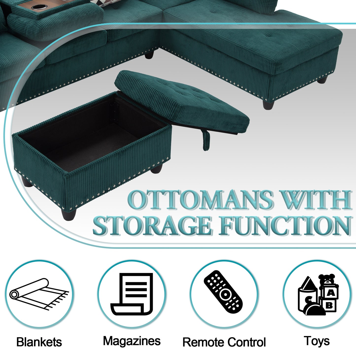 Dranite Oversized Modular Sectional Sofa, 94 inch L-Shaped Corduroy Couch with Movable Ottoman and 6 Seat