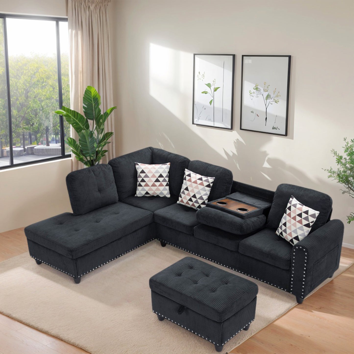 Dranite Oversized Modular Sectional Sofa, 94 inch L-Shaped Corduroy Couch with Movable Ottoman and 6 Seats
