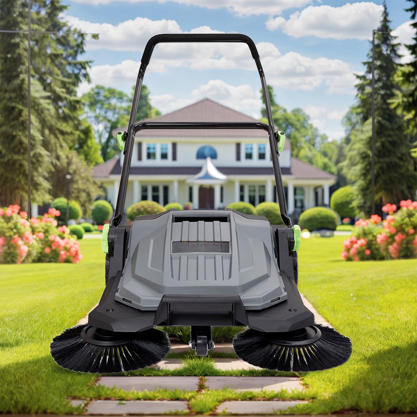 Dranite Walk Behind Outdoor Push Sweeper S 4 Twin for Workshops, Warehouses or Garages - 5X Faster Than a Push Broom, 5.25 Gallon Capacity, 26.8 Sweeping Width