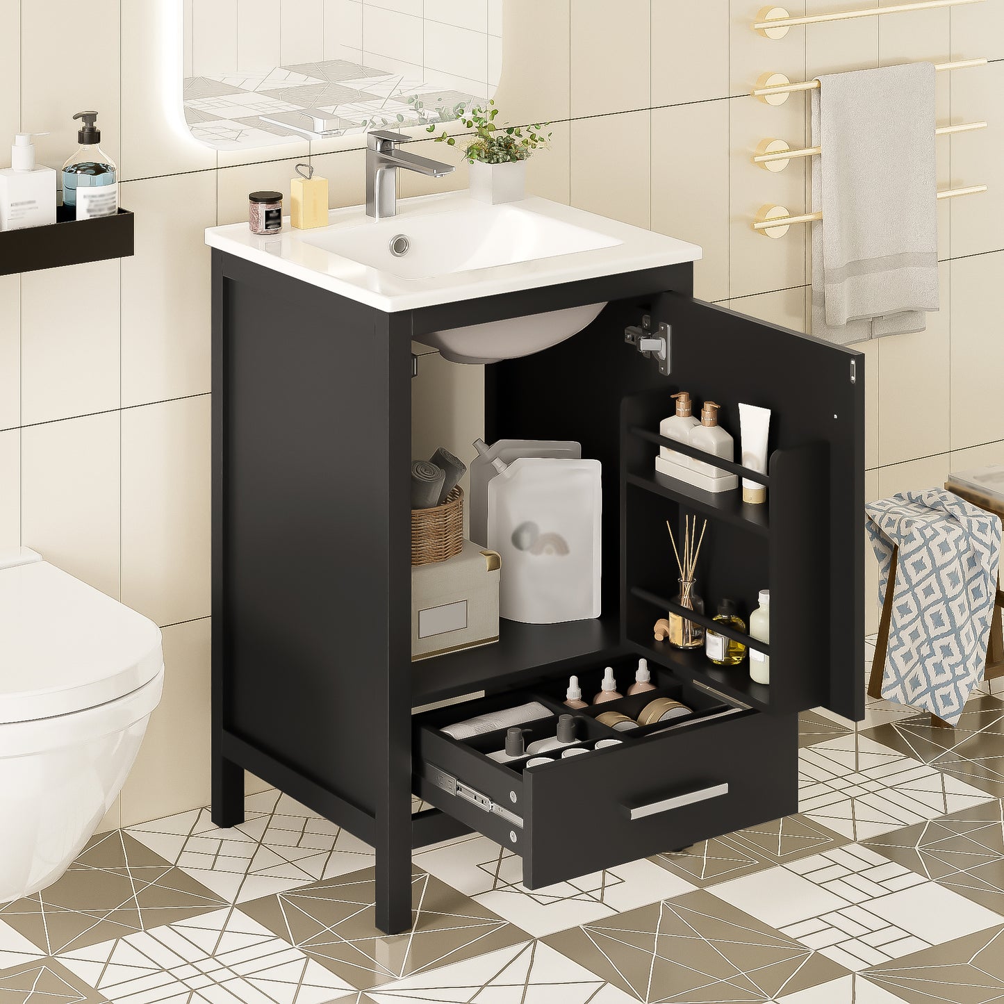 Dranite 20-Inch Solid Wood Bathroom Vanity with Ceramic Sink, Soft-Closing Door, and Storage