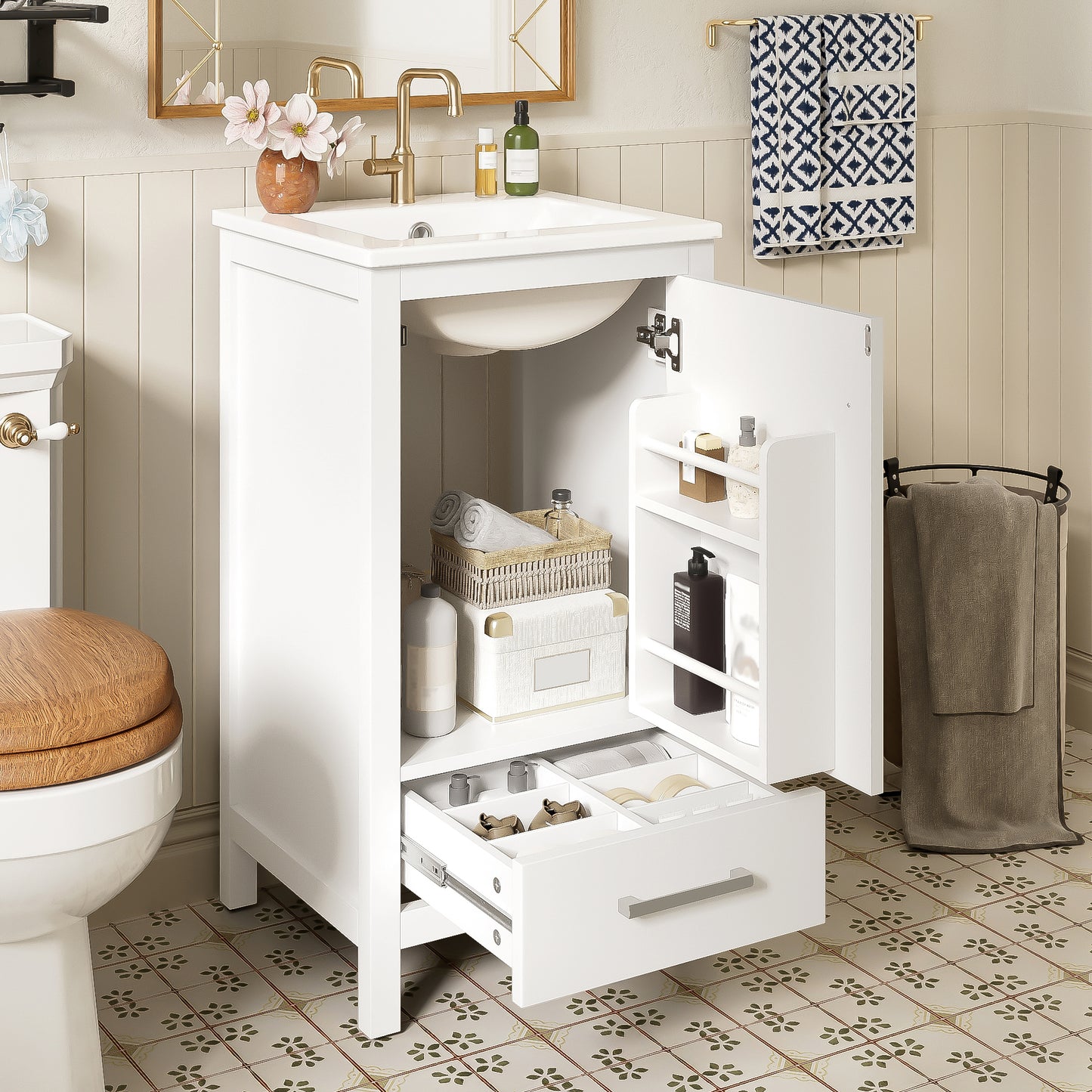 Dranite 18-Inch Solid Wood Bathroom Vanity with Ceramic Sink, Soft-Closing Door, and Storage