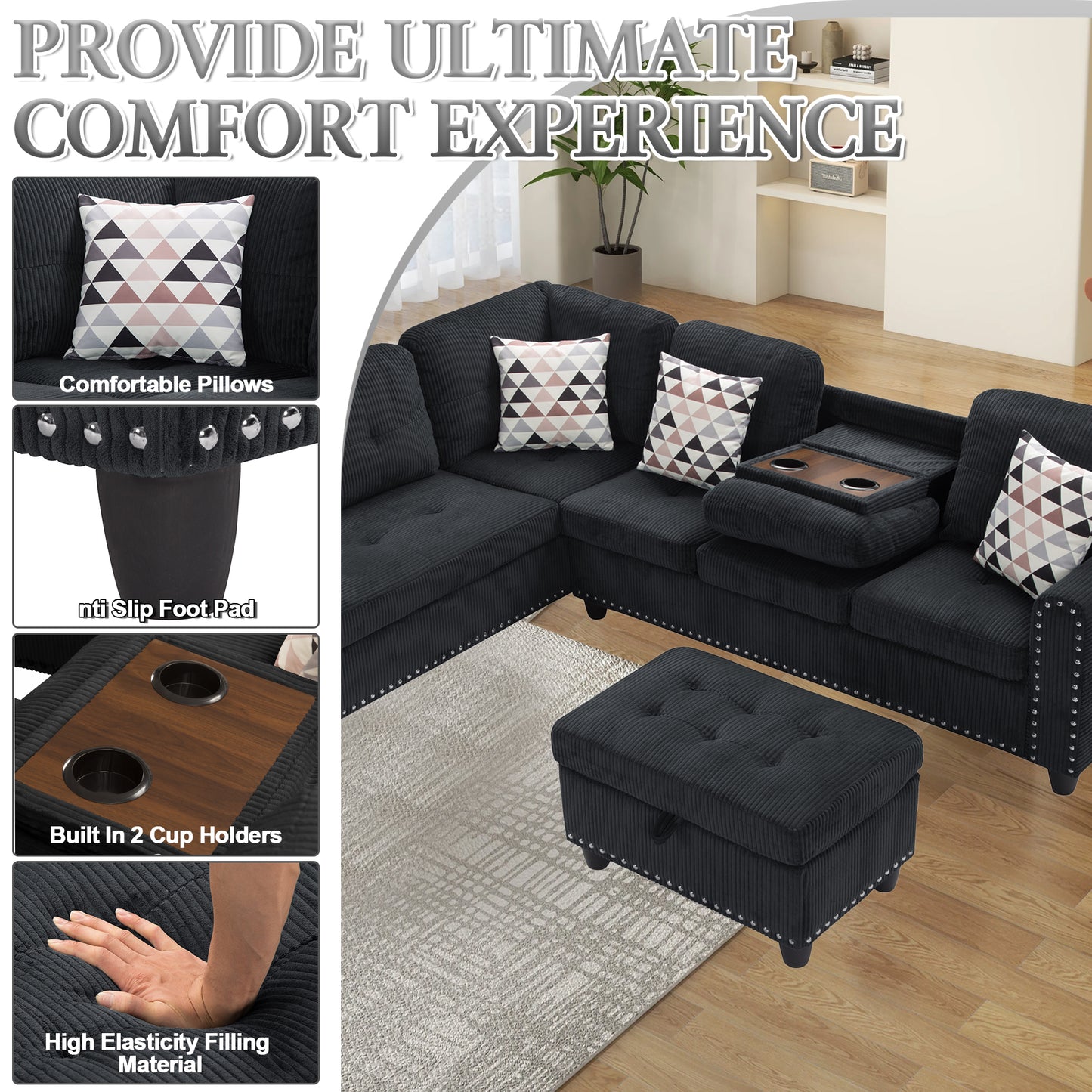 Dranite Oversized Modular Sectional Sofa, 94 inch L-Shaped Corduroy Couch with Movable Ottoman and 6 Seats