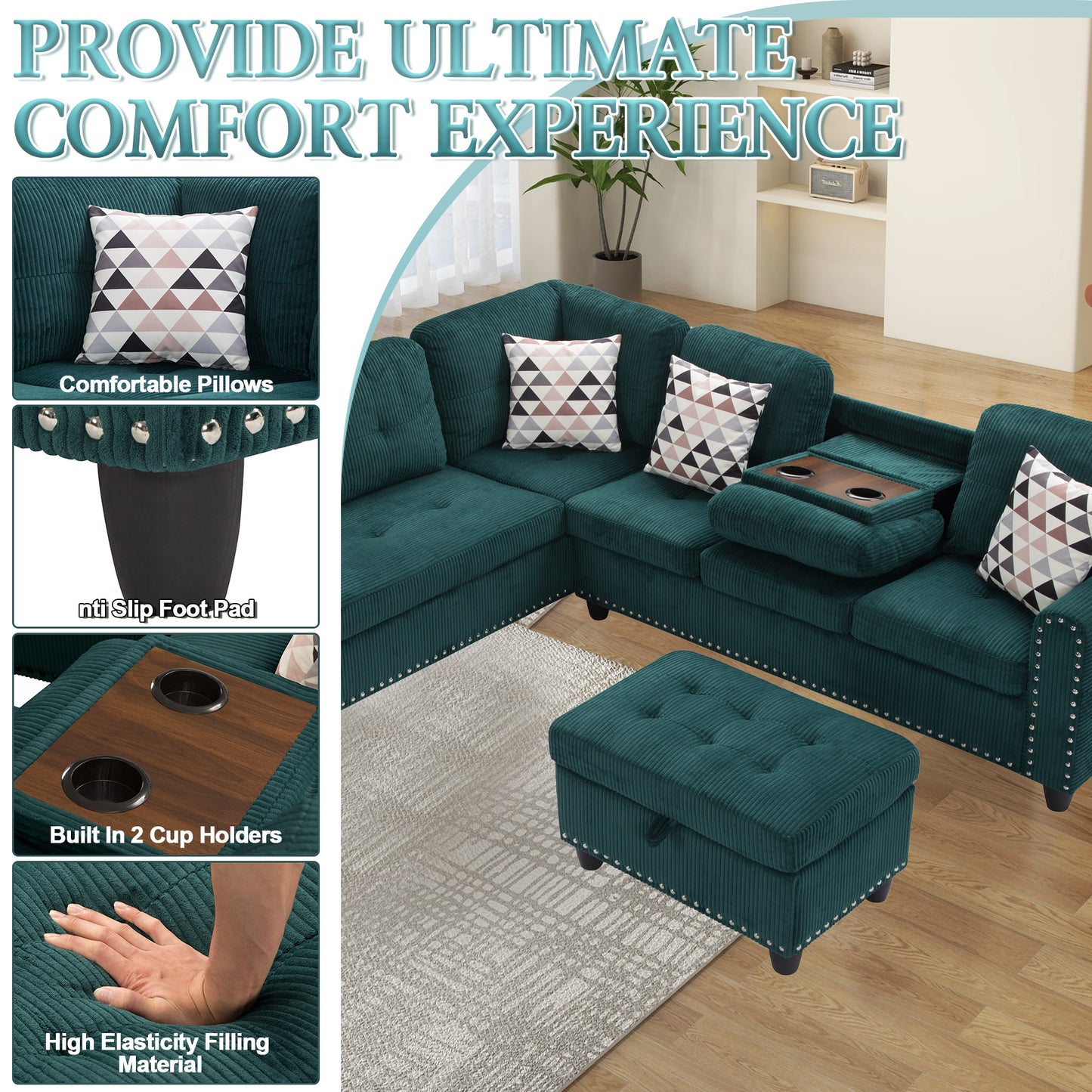 Dranite Oversized Modular Sectional Sofa, 94 inch L-Shaped Corduroy Couch with Movable Ottoman and 6 Seat