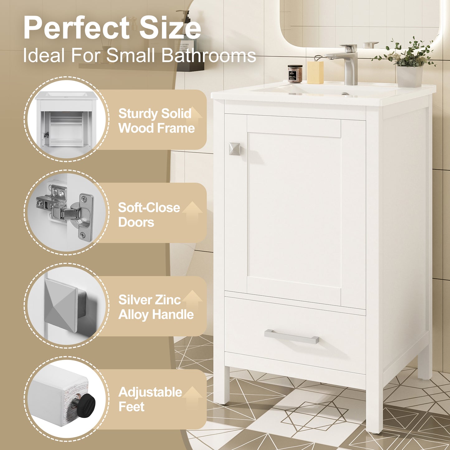 Dranite 20-Inch Solid Wood Bathroom Vanity with Ceramic Sink, Soft-Closing Door, and Storage