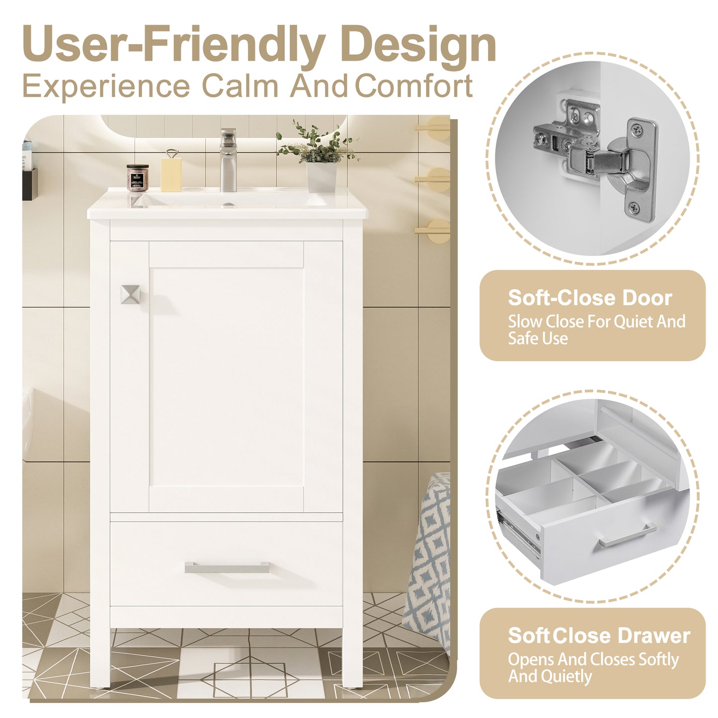 Dranite 20-Inch Solid Wood Bathroom Vanity with Ceramic Sink, Soft-Closing Door, and Storage