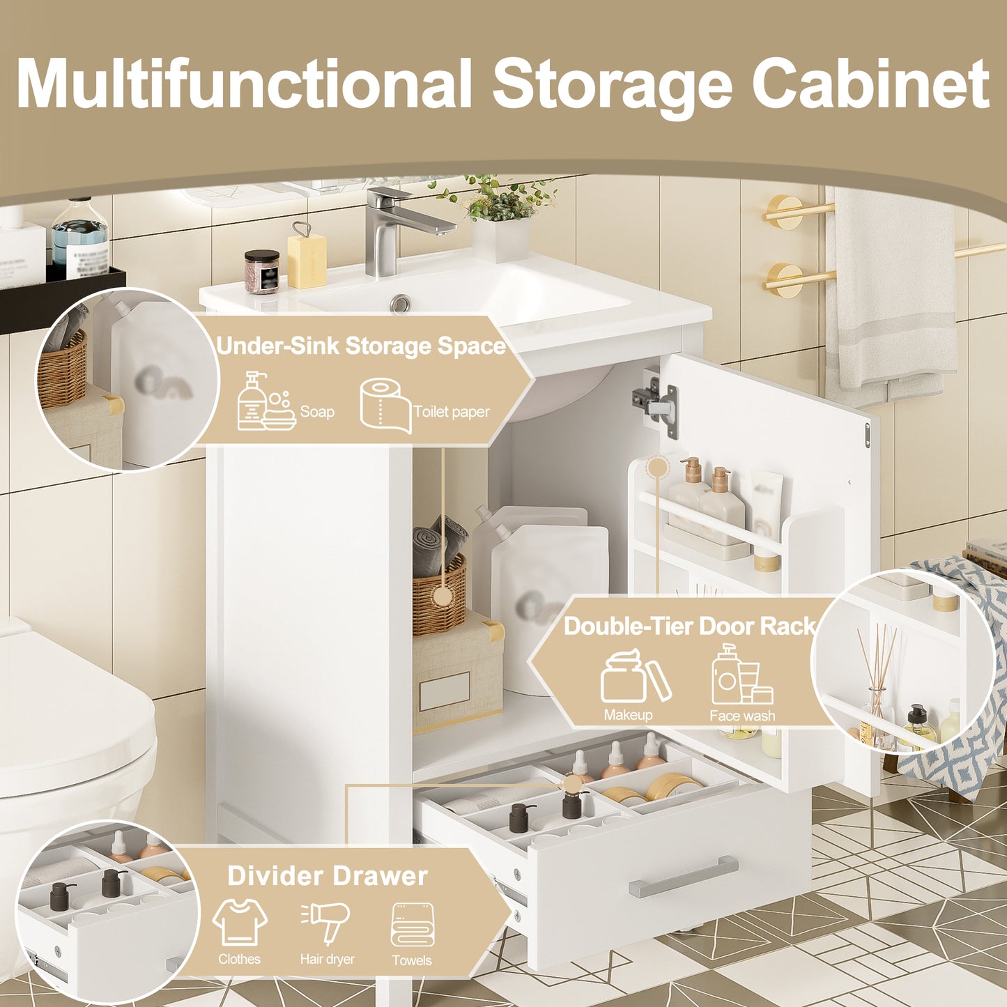 Dranite 20-Inch Solid Wood Bathroom Vanity with Ceramic Sink, Soft-Closing Door, and Storage