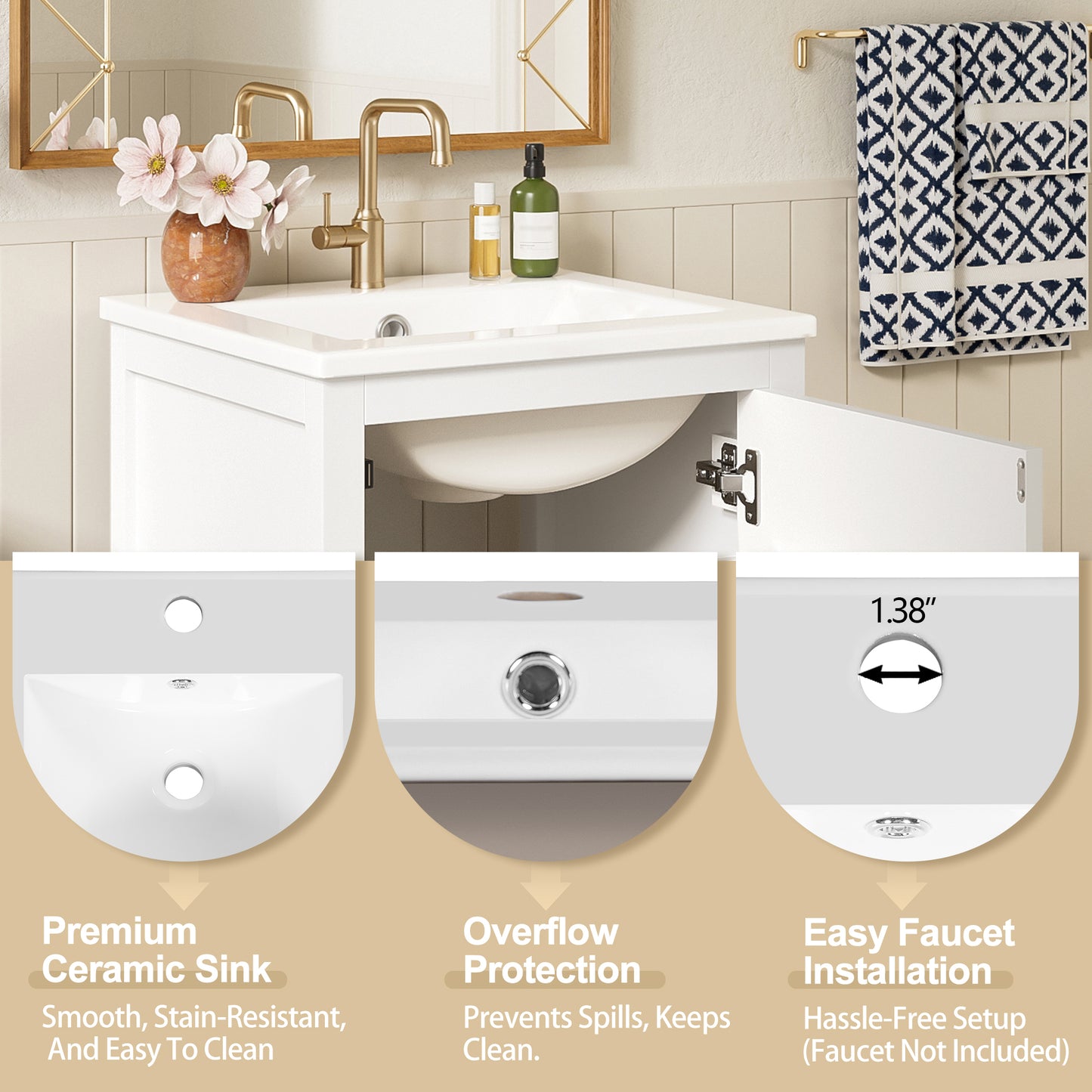 Dranite 18-Inch Solid Wood Bathroom Vanity with Ceramic Sink, Soft-Closing Door, and Storage