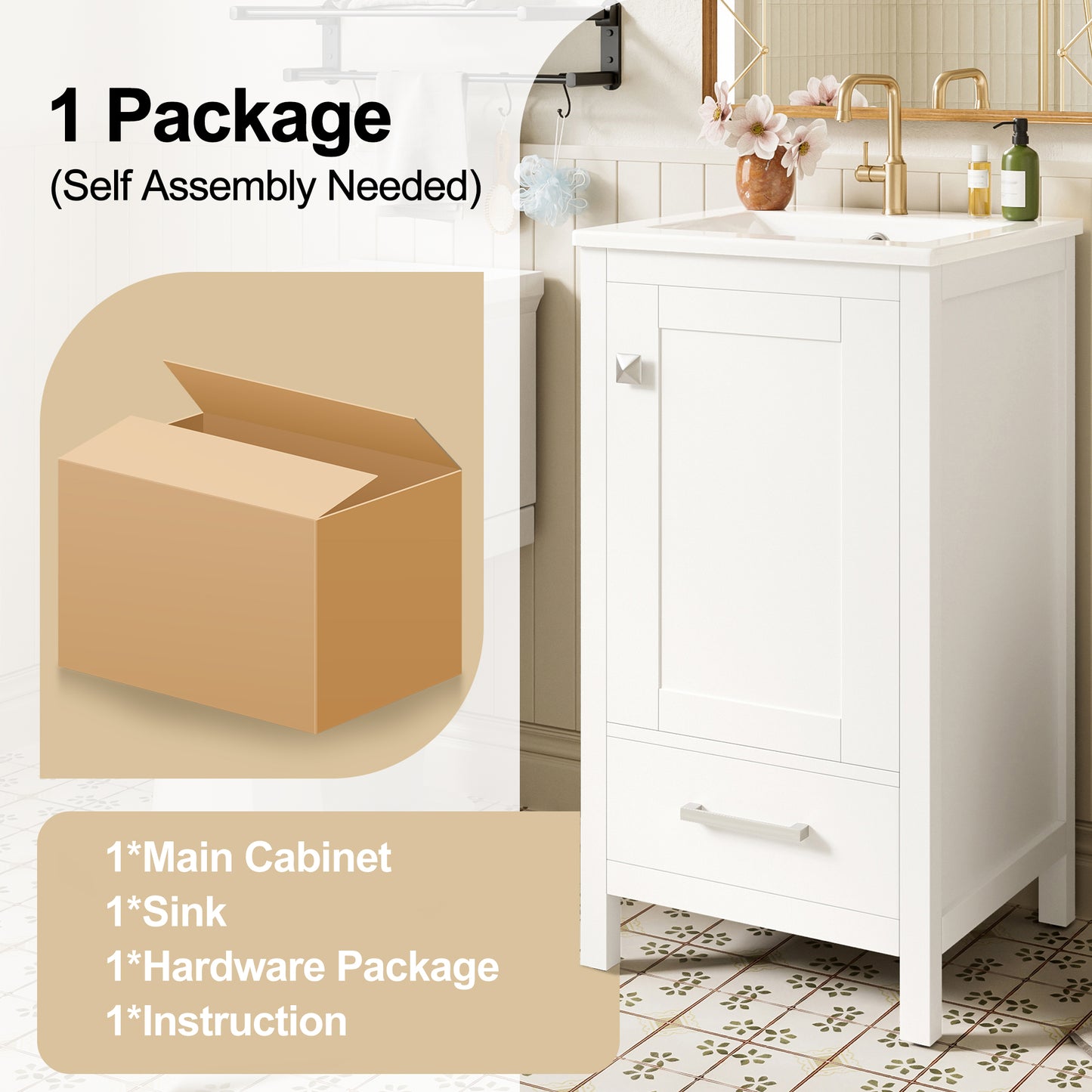 Dranite 18-Inch Solid Wood Bathroom Vanity with Ceramic Sink, Soft-Closing Door, and Storage