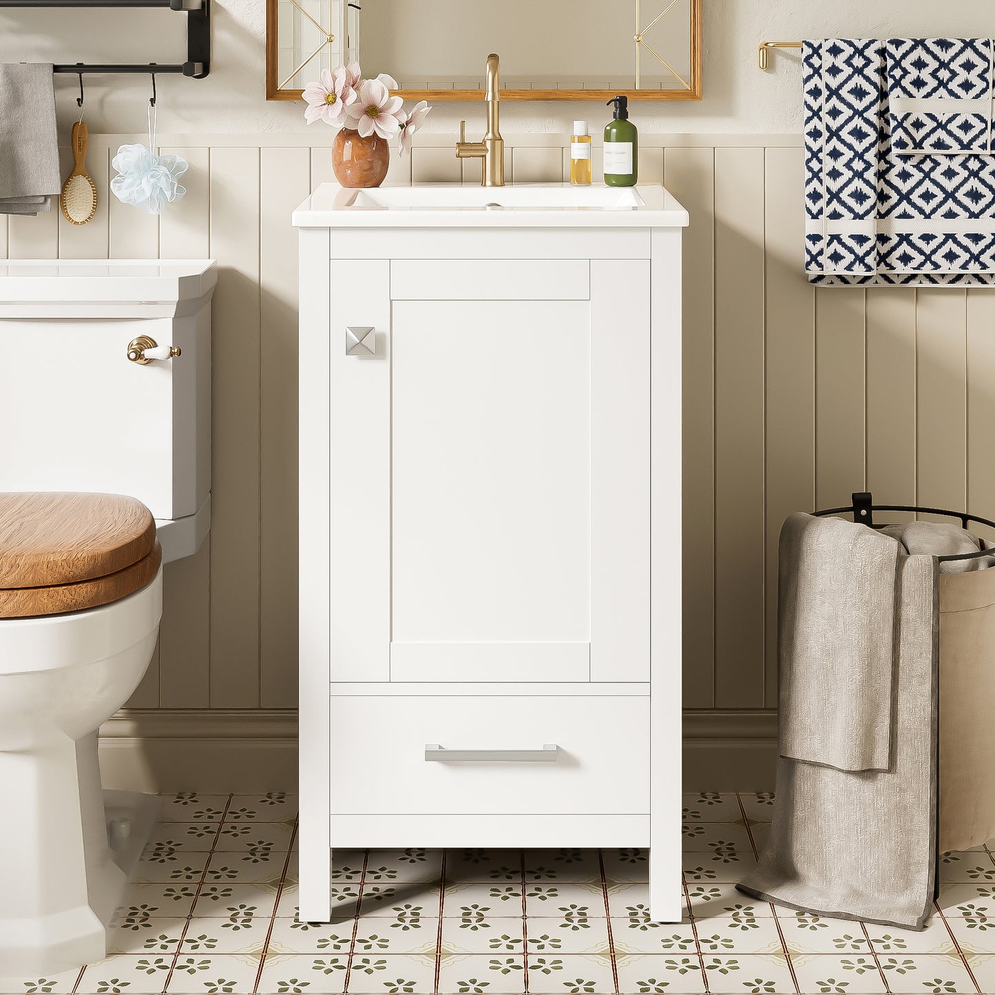 Dranite 18-Inch Solid Wood Bathroom Vanity with Ceramic Sink, Soft-Closing Door, and Storage