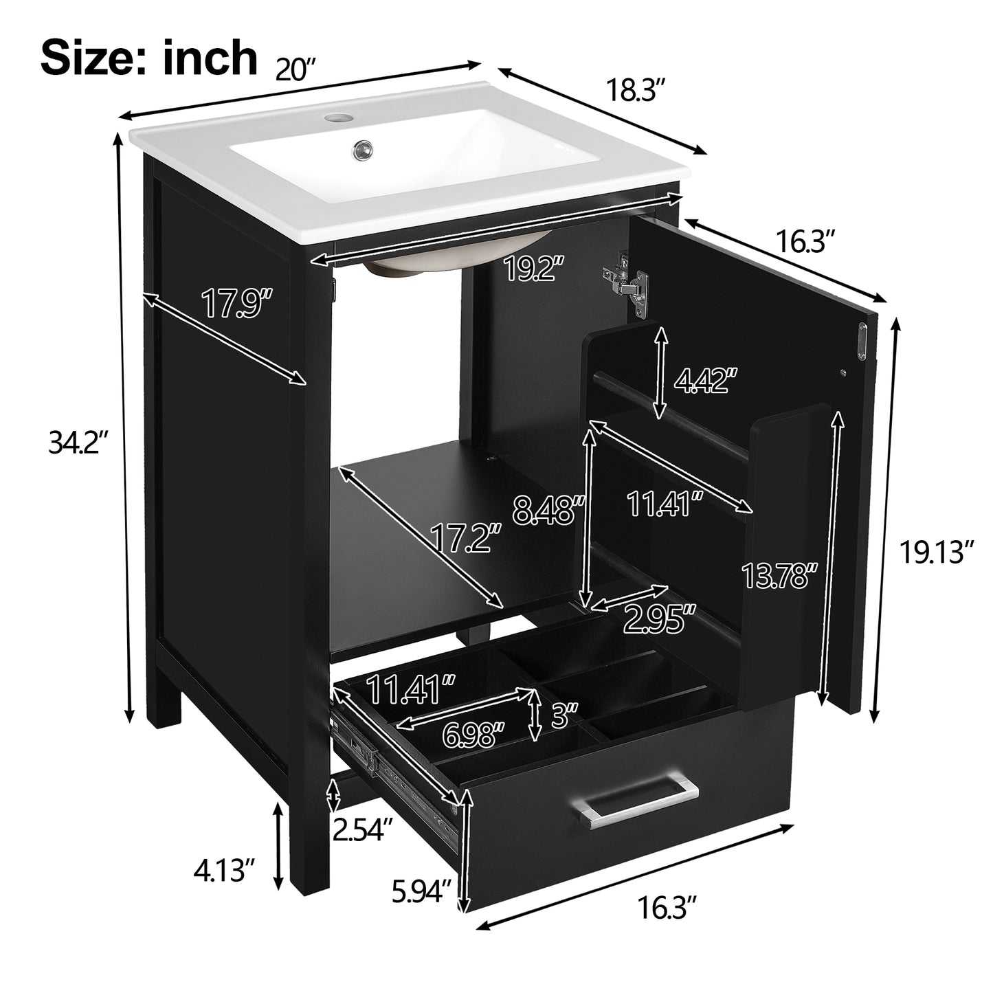 Dranite 20-Inch Solid Wood Bathroom Vanity with Ceramic Sink, Soft-Closing Door, and Storage