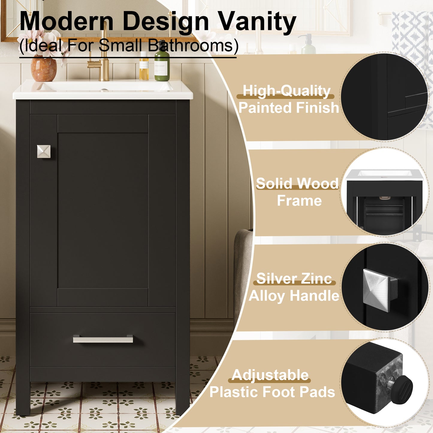 Dranite Solid Wood Bathroom Vanity with Ceramic Sink, Soft-Closing Door, and Storage, 18-Inch