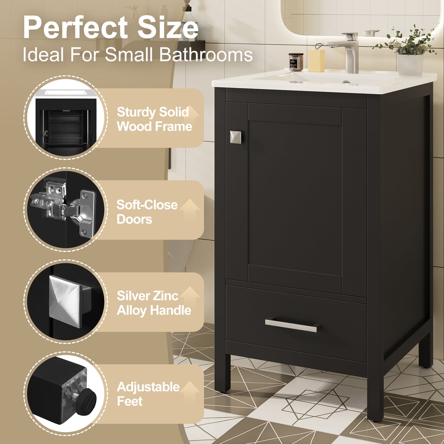 Dranite 20-Inch Solid Wood Bathroom Vanity with Ceramic Sink, Soft-Closing Door, and Storage